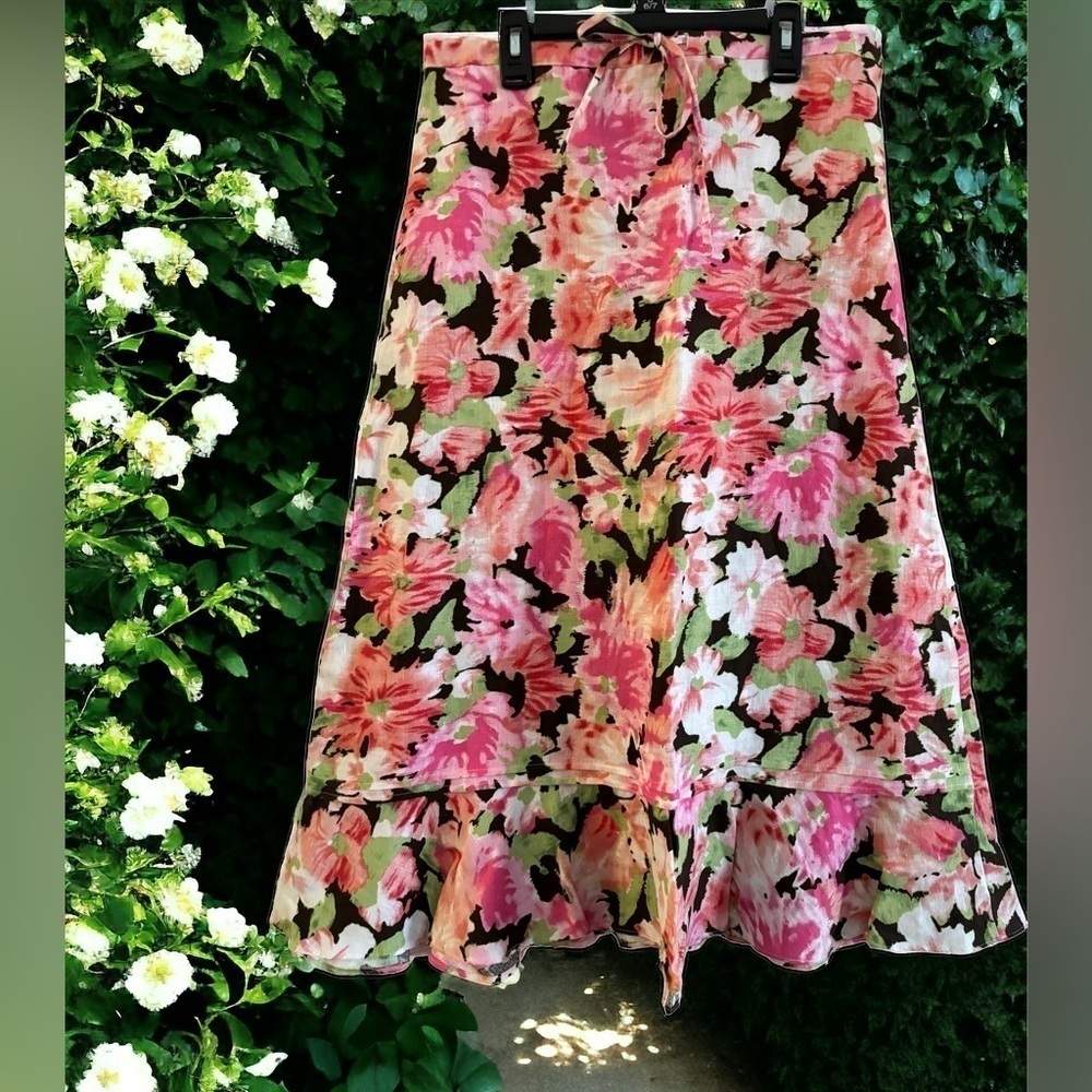 Choices 100% Linen Women's A-Line Size Medium Petite Floral Tea Length Skirt EUC